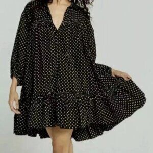 FREE PEOPLE FULL SWING MINI DRESS BLACK COMBO BABYDOLL RUFFLE TIER ROMANTIC CHIC